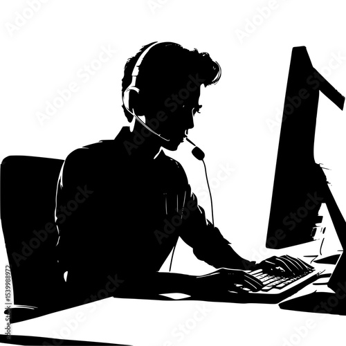 “Silhouette of a call center operator with headset, sitting at desk”