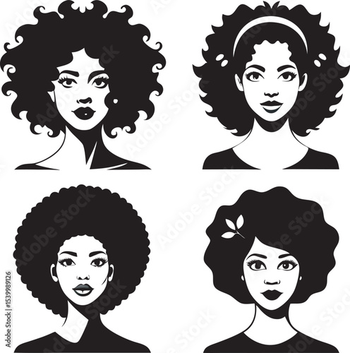 This collection of black and white images showcases various women's hairstyles, ranging from short bobs to long, flowing locks, with some featuring braids or headwear