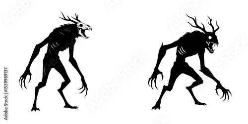 Two black silhouettes of monstrous, skeletal creatures with antlers and claws.
