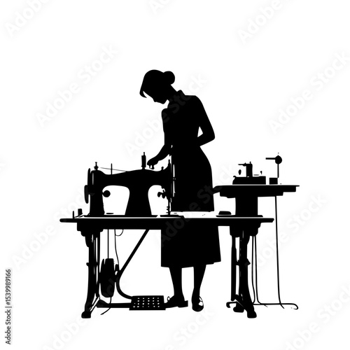“Silhouette of a tailor sewing on machine, workshop setting”