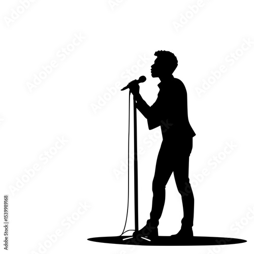  “Silhouette of a singer with microphone on stage, performance spotlight”