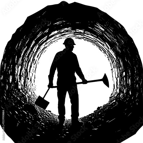 Silhouette of a miner holding pickaxe, underground tunnel scene”