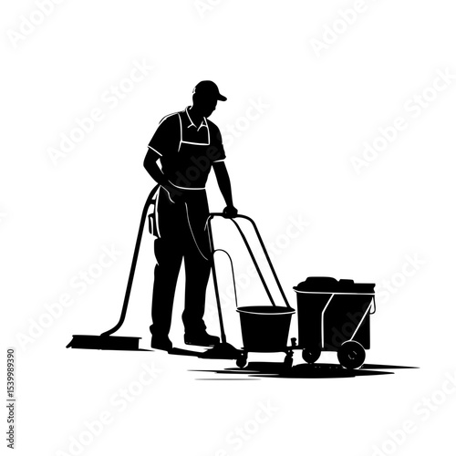 Silhouette of a janitor mopping floor with cleaning cart beside”