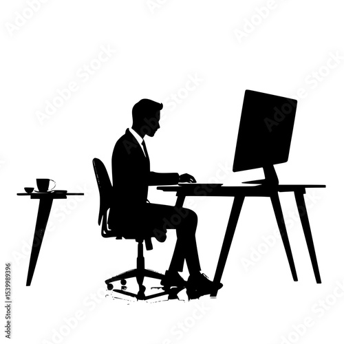  “Silhouette of an office worker typing on laptop at desk, business setup”