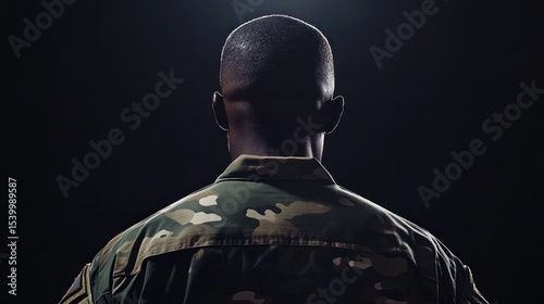 Soldier in camouflage uniform back view