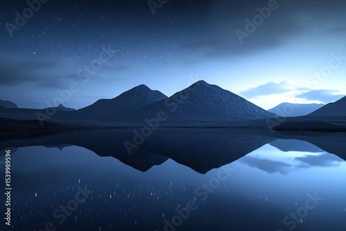 Serene night landscape with mountains reflecting on a calm lake