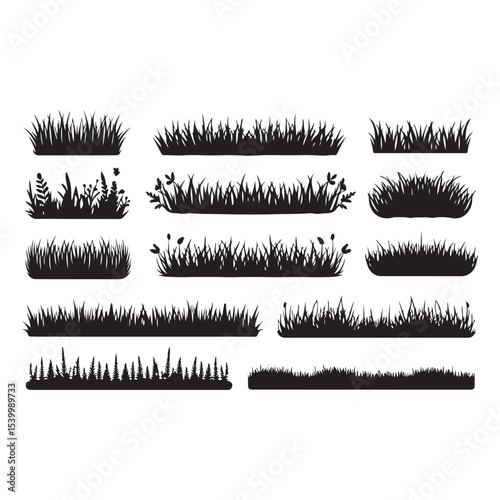 Set of artistic drawing brushes and green grass vector illustrations create a vibrant spring nature pattern