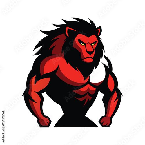 angry lion cartoon, lion bodybuilder amazing muscle showing vector icon isolated on white background