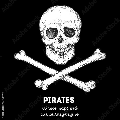 Pirate skull with crossbones sketch. Hand drawn vector illustration. Vintage design.