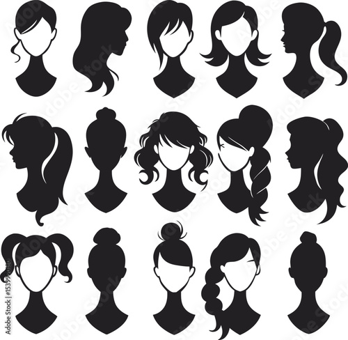This collection of black and white images showcases various women's hairstyles, ranging from short bobs to long, flowing locks, with some featuring braids or headwear