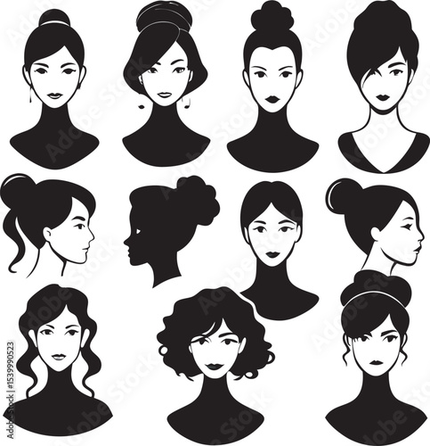 This collection of black and white images showcases various women's hairstyles, ranging from short bobs to long, flowing locks, with some featuring braids or headwear