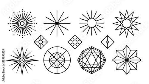 Geometric Starburst and Diamond Shapes Line Art Vector Illustrations