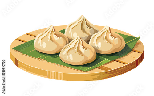 Steamed Dumplings on Elegant Green Leaf - Vector Illustration