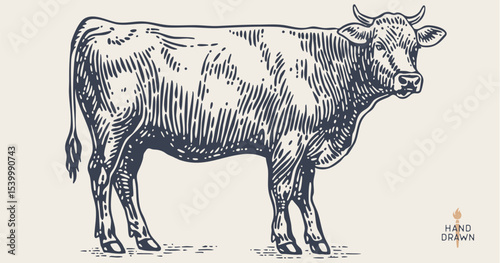 Cow, bull, beef. Retro style beef bull sketch, vintage cow drawing black white, old ink pencil artwork. Bull silhouette, side view cow profile, engraved beef print. Vector Illustration