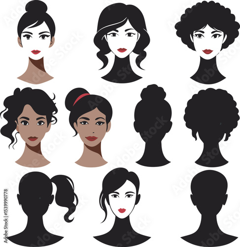 This collection of black and white images showcases various women's hairstyles, ranging from short bobs to long, flowing locks, with some featuring braids or headwear
