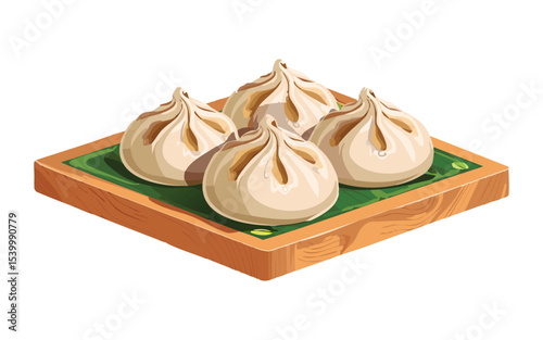 Steamed Dumplings on Leaf Plate - Vector Illustration