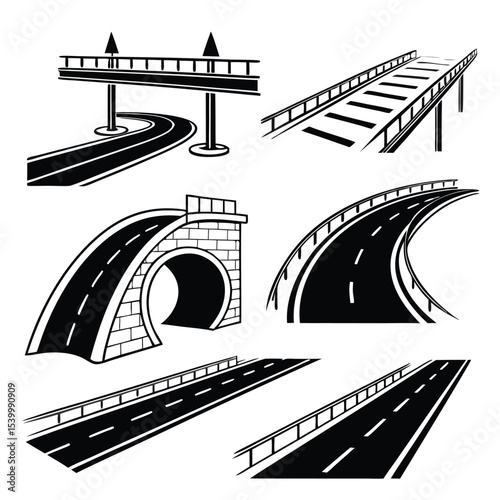 Road Design Elements Bridges, Tunnels, and Highway Curves Illustrations