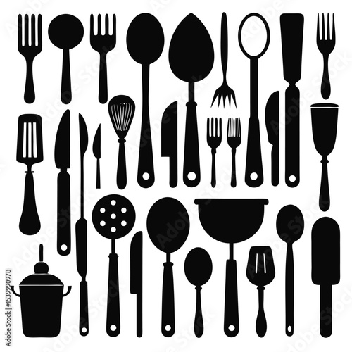 Collection of Kitchen Utensils Spoons, Forks, Knives, and More