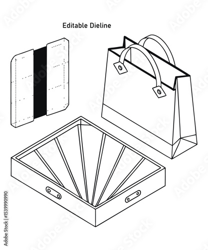 dieline Single blank open gift cardboard box with a lid and ribbon