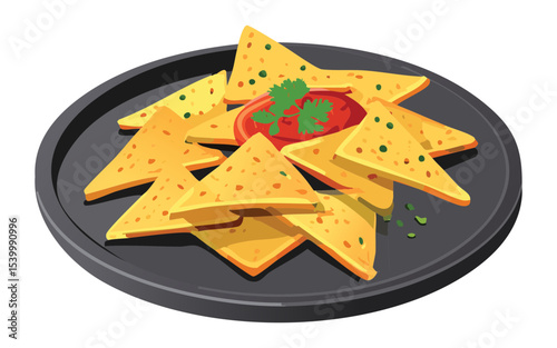 Nachos with Salsa Herbs on Black Plate - Vector Illustration