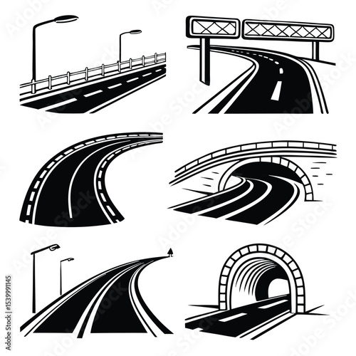 Road Design Elements Illustrations of Highways, Curves, Tunnels, and Bridges