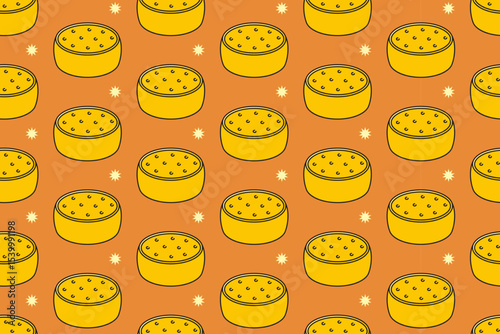 Cheese wheels with star seamless pattern on tan background. Cheese block colorful doodle pattern background. Cheddar isolated motif wallpaper. foods label, packaging and merchandise