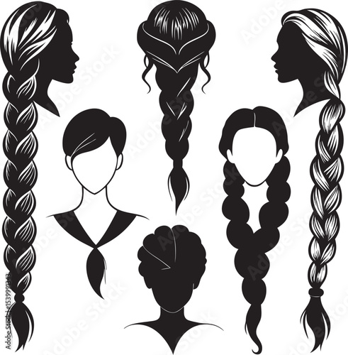 This collection of black and white images showcases various women's hairstyles, ranging from short bobs to long, flowing locks, with some featuring braids or headwear