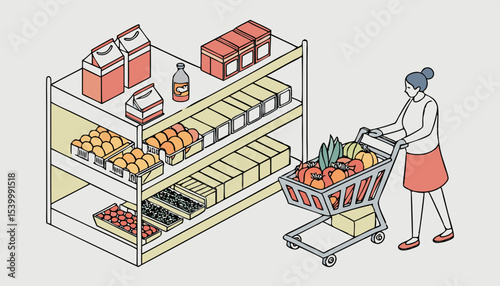 Shelves lean under the weight of diverse groceries, while a shopper checks her list, immersed in the vibrant tapestry of everyday life in a lively supermarket environment         