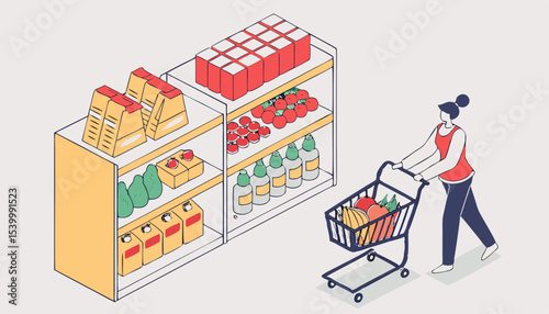 Shelves lean under the weight of diverse groceries, while a shopper checks her list, immersed in the vibrant tapestry of everyday life in a lively supermarket environment         
