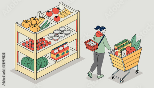 Shelves lean under the weight of diverse groceries, while a shopper checks her list, immersed in the vibrant tapestry of everyday life in a lively supermarket environment         