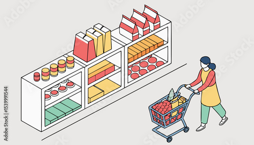 Shelves lean under the weight of diverse groceries, while a shopper checks her list, immersed in the vibrant tapestry of everyday life in a lively supermarket environment         
