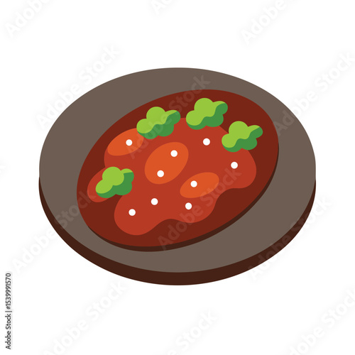 Bulgogi beef plate with sesame seeds and greens Vector illustration