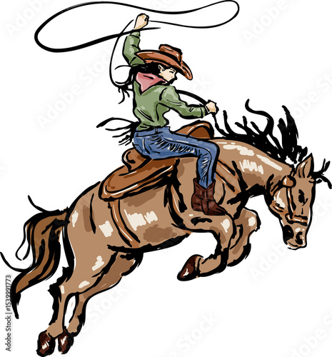 Wild west cowboy and cow girl Rodeo riding horse illustration