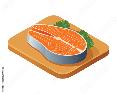 Fresh Salmon Steak Board - Vector Illustration