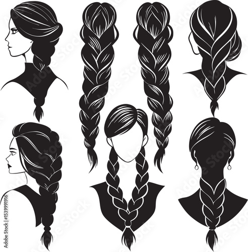 This collection of black and white images showcases various women's hairstyles, ranging from short bobs to long, flowing locks, with some featuring braids or headwear