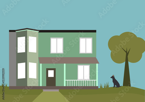  An old house and a sitting dog minimalist vector art. 