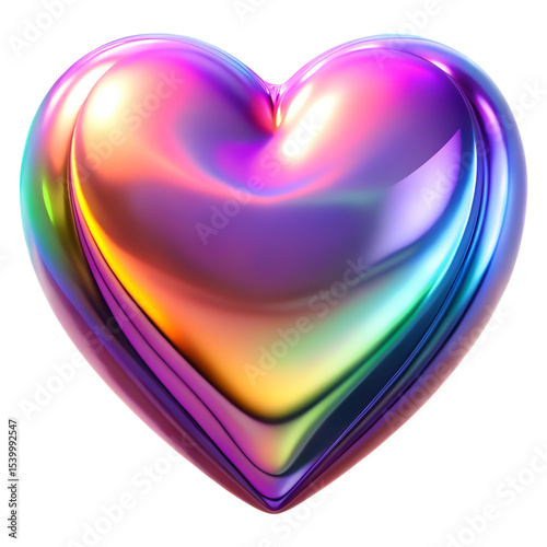 3D heart shaped, glossy iridescent gradient glass surface, reflects pink, blue, green, yellow, purple hues, smooth futuristic vibrant object, isolated on transparent background, cutout, png.