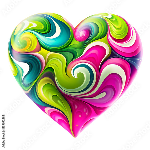 Vibrant colorful heart shape with swirl pattern, shades of pink, green, yellow, and blue, creating dynamic and visually engaging design against transparent background, close-up, cutout, clipart, png.