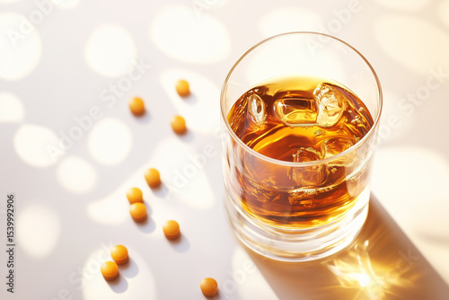 Whiskey Glass with Pills on Sunlit Table