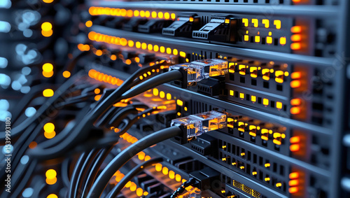 Network server racks with ethernet cables and orange indicator lights