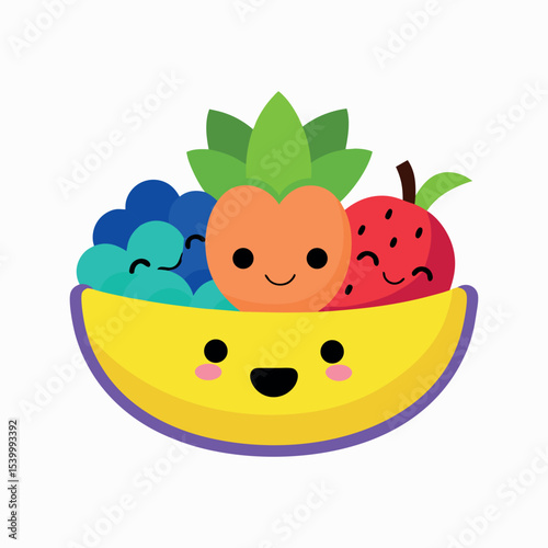 Fun Vector Fruit Salad Illustration with Smiling Cartoon Faces for Kids Design