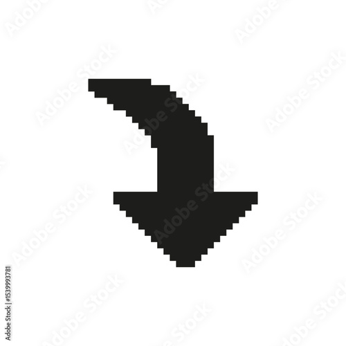 Downward Arrow Pixel Art Icon. Download, Navigation, And Directional Guidance Symbol. Retro Style Graphic For User Interface And Web Design. Isolated Vector Illustration