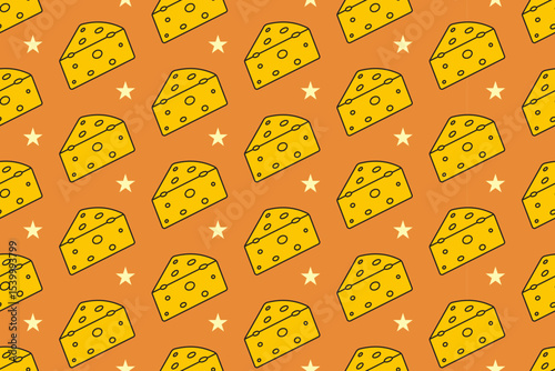 Cheese wedges with star seamless pattern on tan background. Cheese slice colorful doodle pattern background. Cheddar gouda isolated motif wallpaper. foods label, packaging and merchandise