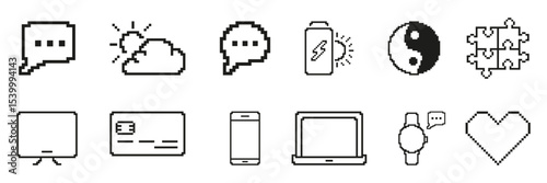 Pixel Art Icon Set Featuring Communication, Technology, And Wellness Symbols. Includes Speech Bubbles, Cloud, Battery, Yin Yang, Puzzle, Screen. Isolated Vector Illustration