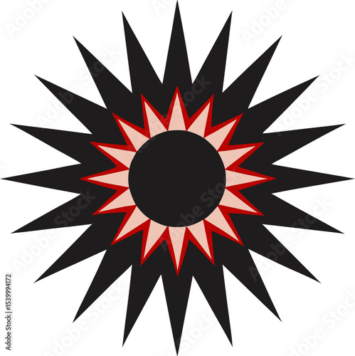 A high-contrast sunburst with sharp, triangular rays and an intense central circle.