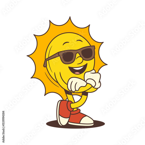 Stylish sun mascot in retro cartoon design wearing sunglasses with arms crossed and confident facial expression. Ideal for summer promotions, cafe branding, or vacation content. Vector illustration