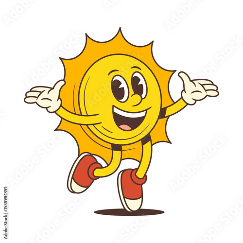 Energetic cartoon sun character with gloves and sneakers jumping with arms wide open and joyful expression. Great for summer designs, kids’ content, posters, and branding. Vector illustration