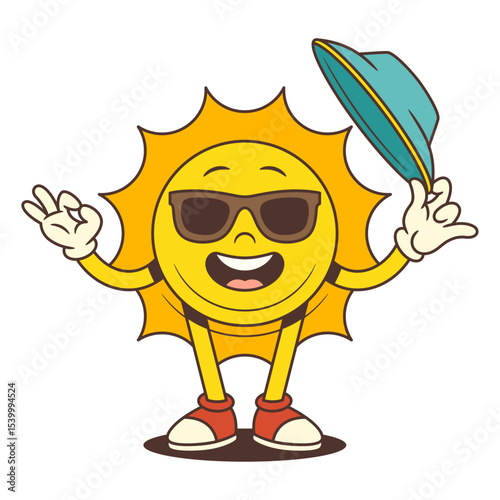 Vintage sun mascot wearing sunglasses and tipping a seafoam-colored hat while smiling and showing an ok hand gesture. Ideal for summer, vacation, and cheerful branding designs. Vector illustration