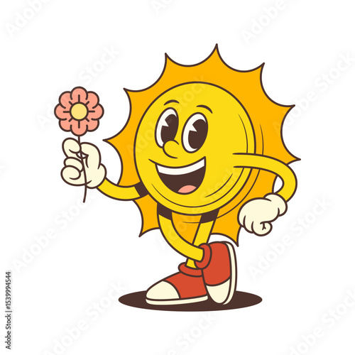 Cartoon sun mascot smiling warmly while standing and holding a flower. Perfect for nature, summer, friendship, and cheerful design projects. Bright and colorful vector illustration