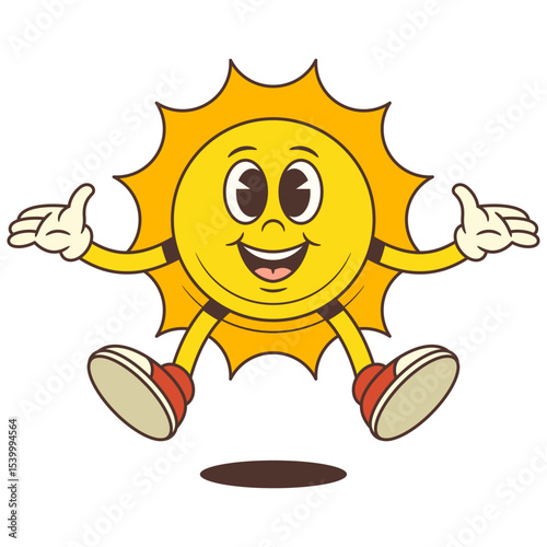 Vintage cartoon sun mascot joyfully jumping up with arms spread wide. Suitable for summer, vacation, weather, and cheerful design projects. Bright and playful character with energetic vibe